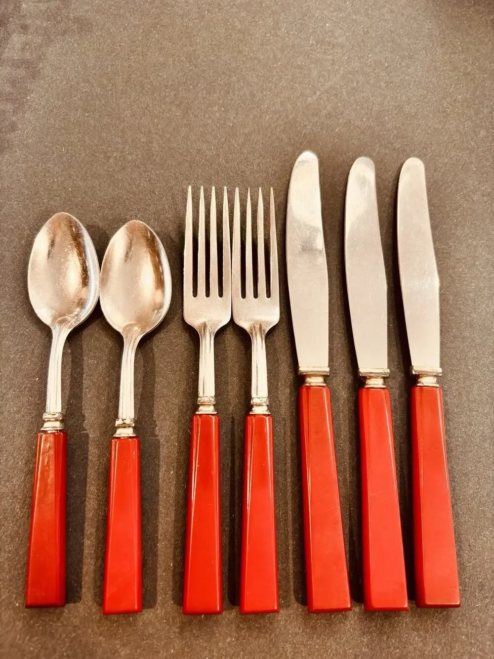 Vintage Red Bakelite Art Deco Flatware Silverware Stainless USA 7 Pcs Set
